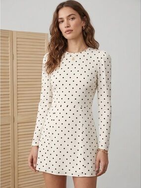 Reformation Ivory and Black Dot Long Sleeve Dress